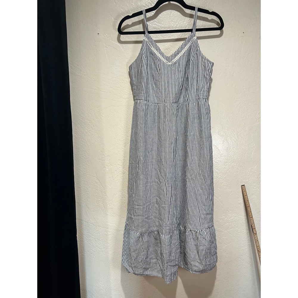Womens Blue White Striped V-Neck Midi Dress Smocked‎ Back Ruffle Hem 16.5x46